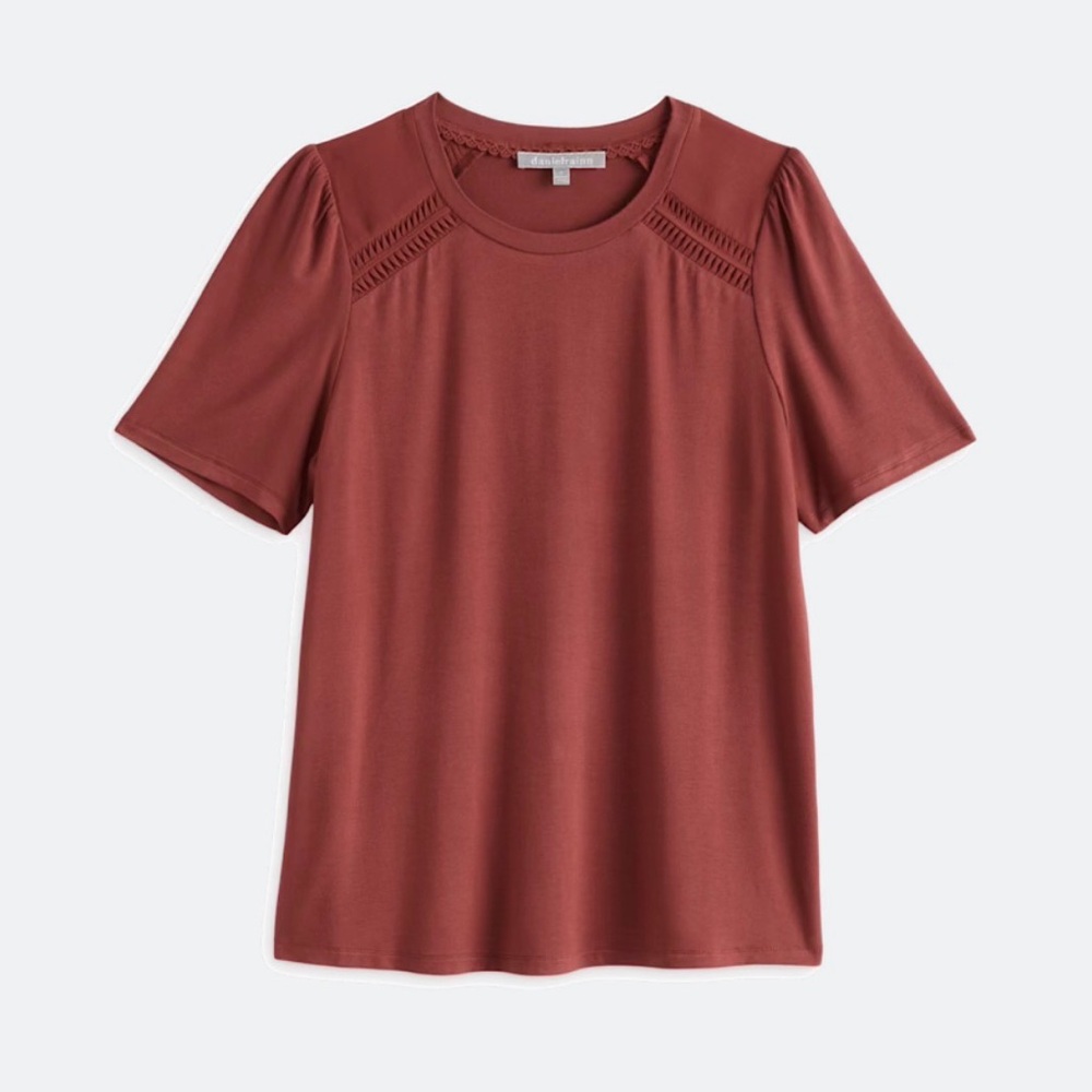 Daniel Rainn Short Sleeve Woven Trim Knit Top | Rust | Size XL
